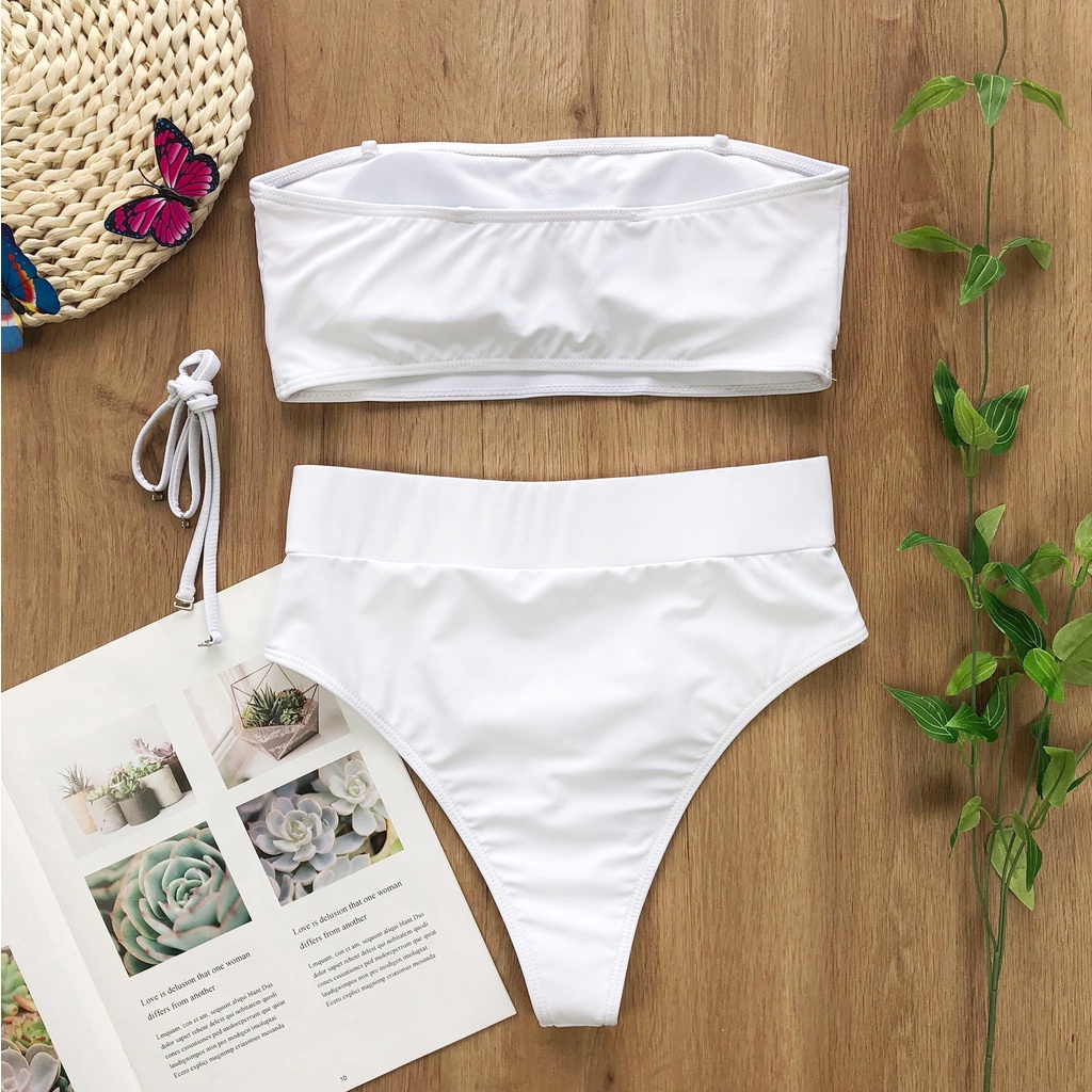 Bộ Đồ Bơi Bikini Màu Neon Lưng Cao Hở Vai Có Đệm Nâng Ngực Cho Nữ