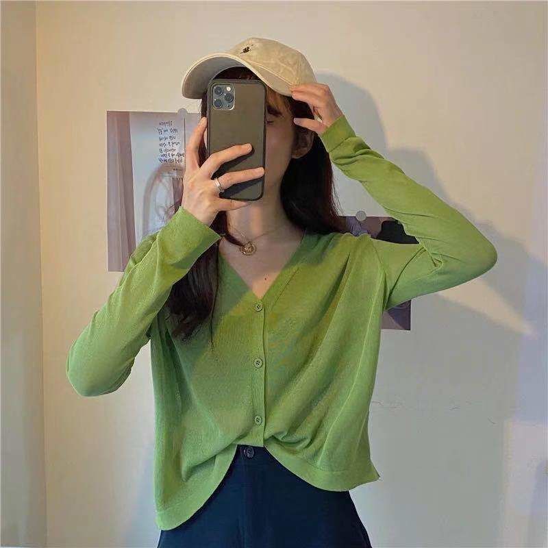 Áo Cardigan Dệt Kim Mỏng Tay Dài Cổ Chữ V Thời Trang Mùa Hè Phong Cách Hàn Quốc Cho Nữ