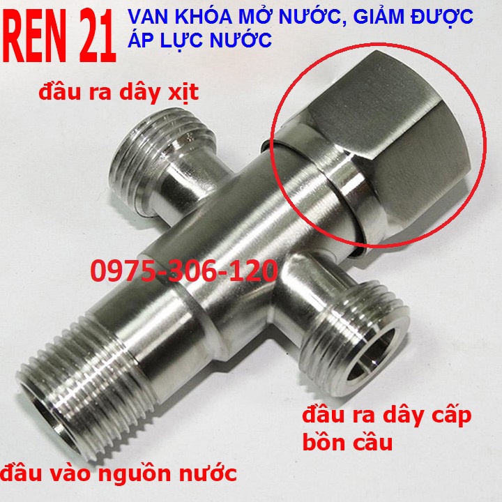 {LOẠI CAO CẤP CÓ KHÓA} Van Chia Nước cho vòi xịt vệ sinh và bồn cầu inox 304, van giảm áp, T CẦU BA NGÃ CÓ KHÓA