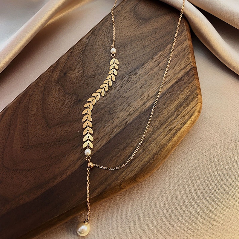 Korean Temperament Simple Wheat Ear Pearl Tassel Necklace Personality Cold Wind Adjustable Net Red Clavicle Chain Pendant