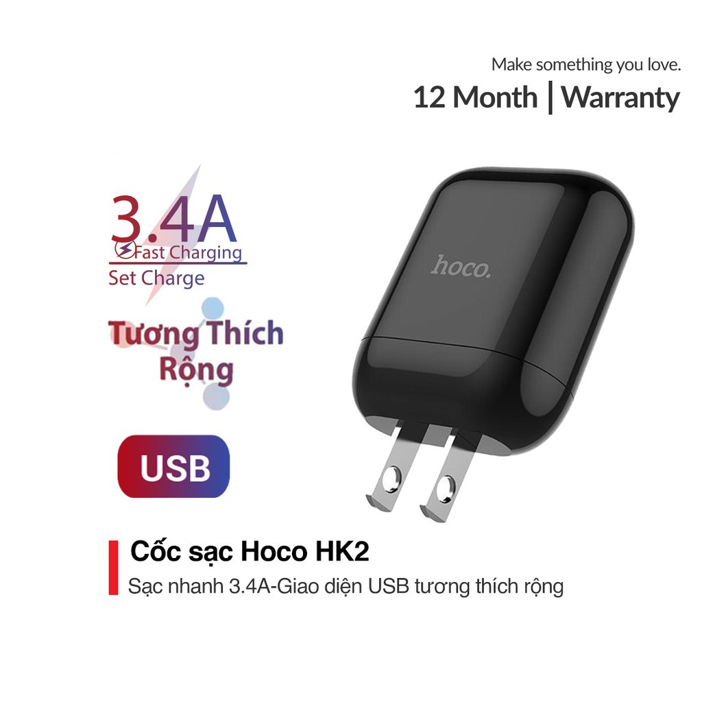 CỦ SẠC/CỐC SẠC NHANH Hoco HK2 3.4A Siêu Bền Cho Điện Thoại iPhone IPad Samsung Huawei Xiaomi Oppo SONY Nokia Chính Hãng