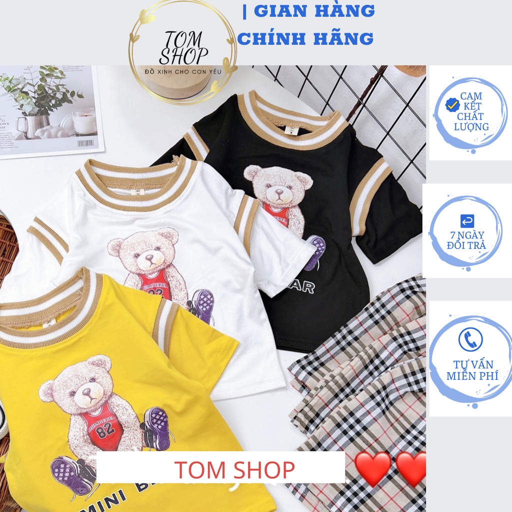 Sét bộ quần áo cho bé trai,bé gái cộc tay mùa hè chất liệu cotton tàu loài 1 in hình gấu cho bé 1,2,3,4 tuổi