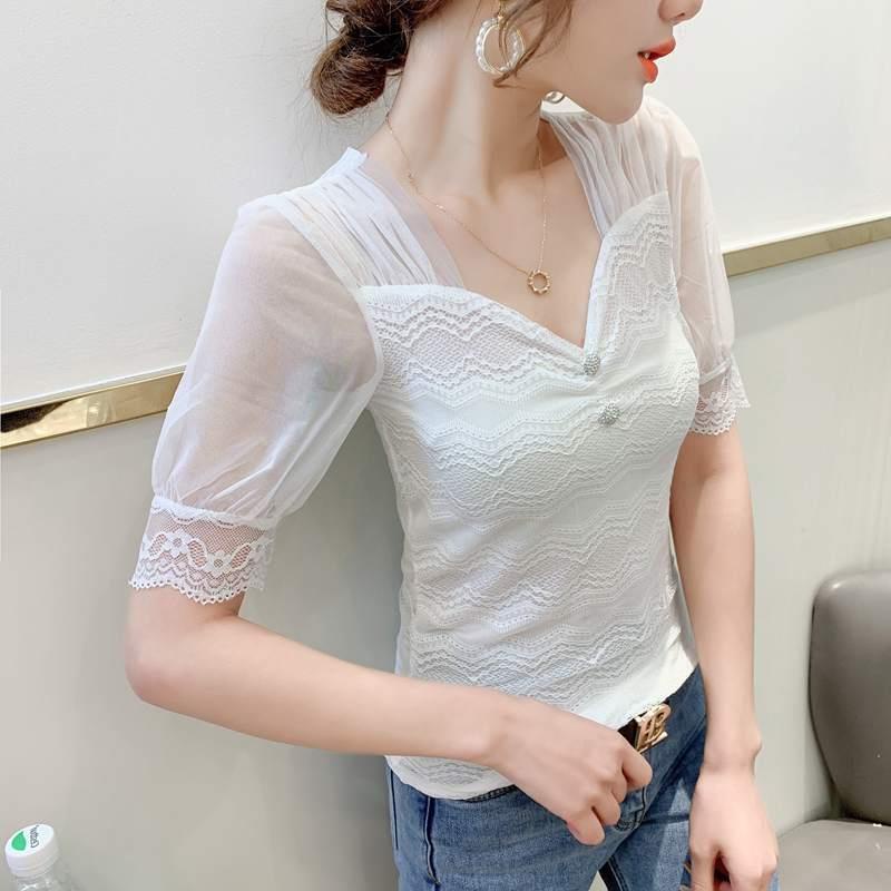Áo Thun Tay Ngắn Phồng Cổ Chữ V Phối Ren Lưới Phong Cách Mới áo lưới tay ngắn áo kiểu trễ vai