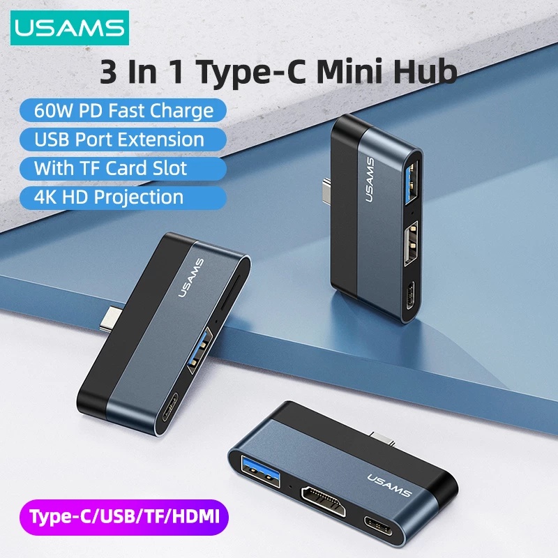 Bộ chia cổng USAMS USB PD 60W type C sang USB 3.0 2.0 HDMI 1.4 TF chuyên dụng cho máy tính/ laptop