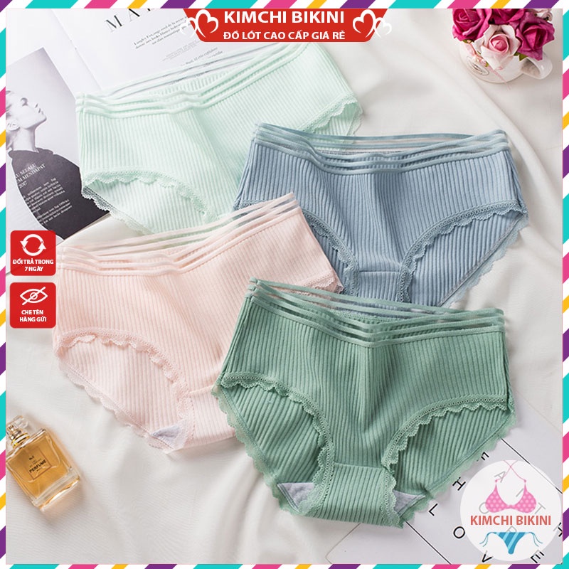 Quần lót nữ cotton gân tăm cạp lưới phối viền ren điệu đà quyến rũ KIMCHIBIKINI chip kháng khuẩn thoáng mát QL052
