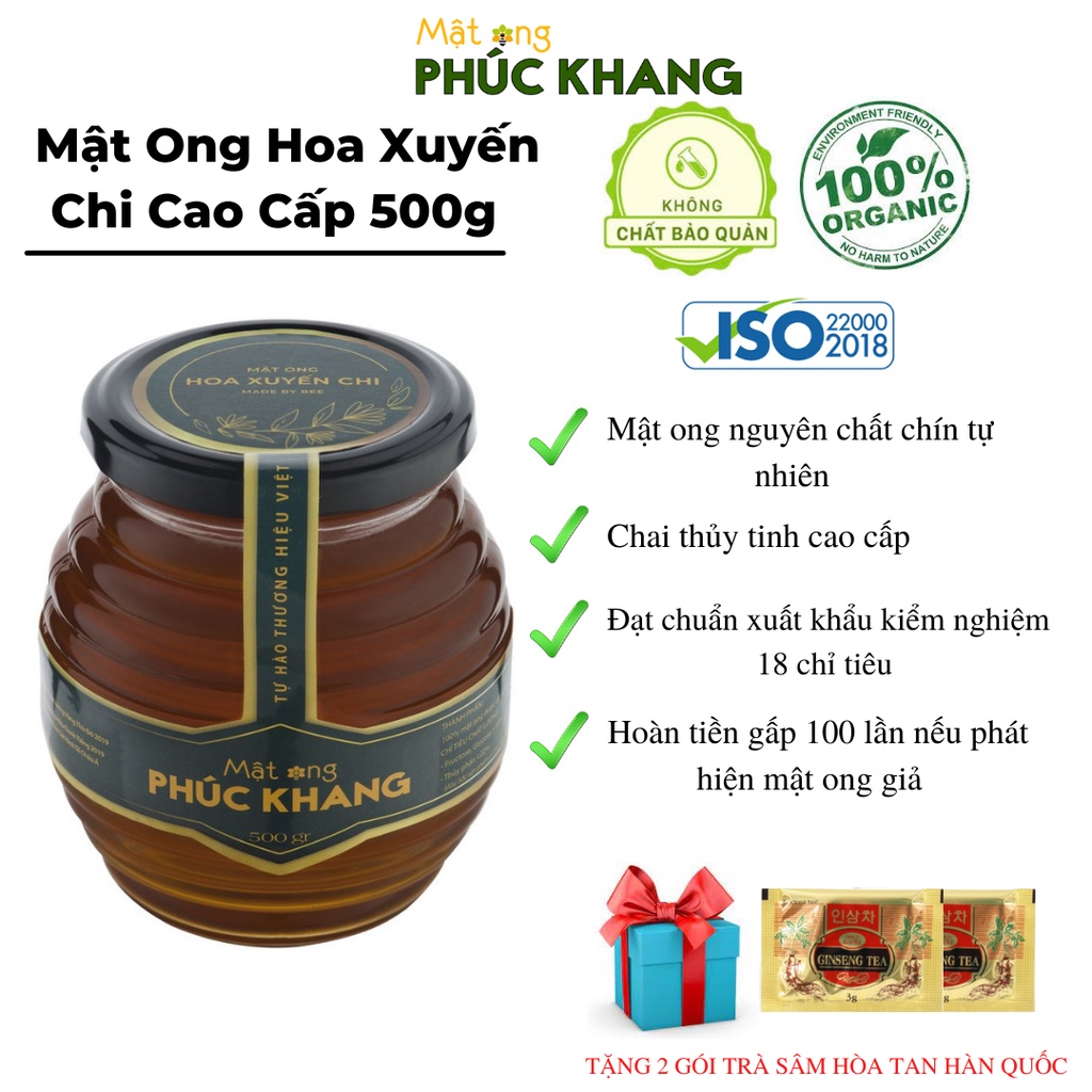 Mật ong Phúc Khang - Hoa Xuyến Chi Tự Nhiên - Hũ thủy tinh cao cấp 500g- Sản phẩm ISO 22000