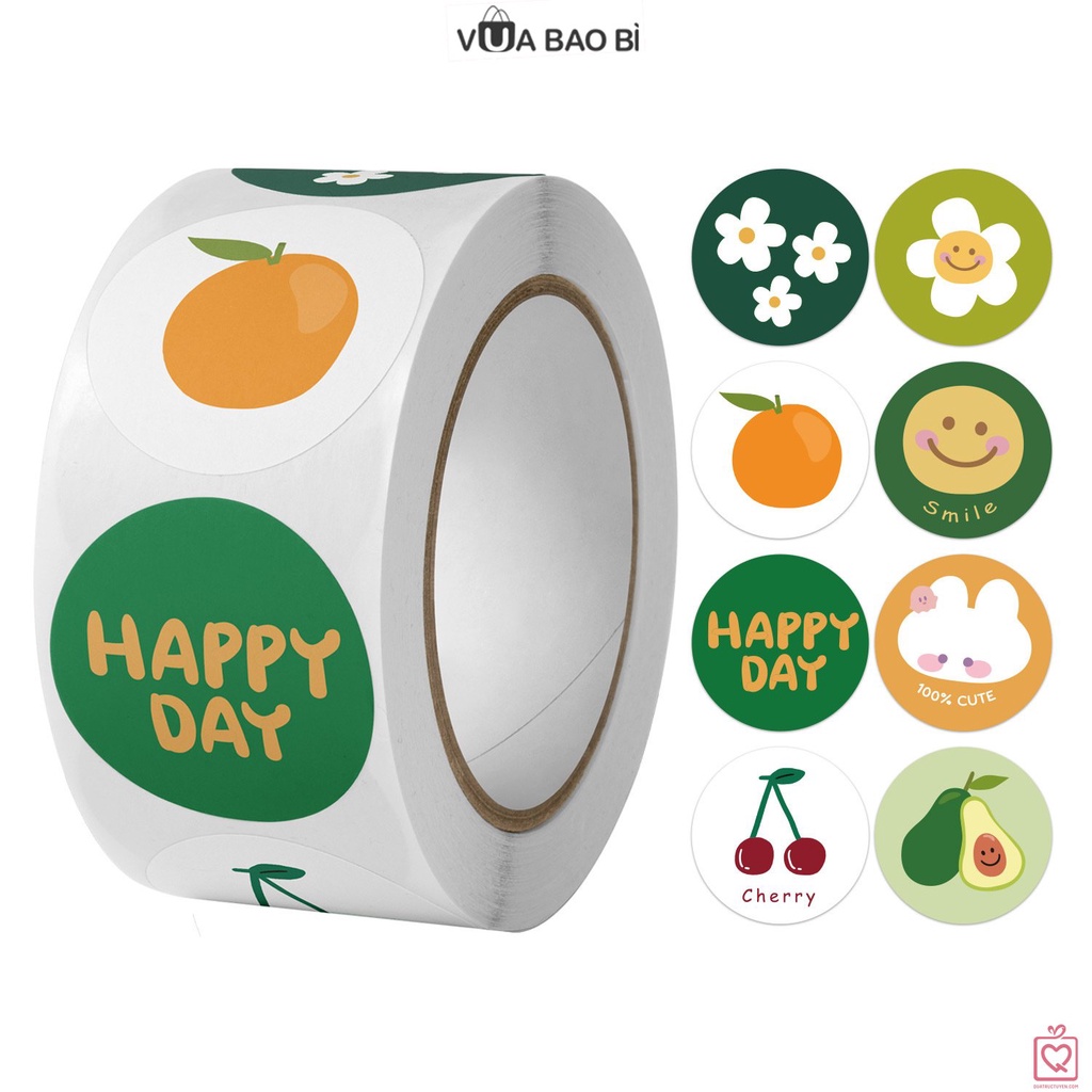 Cuộn 500 Sticker tròn niêm phong dán hộp túi đóng hàng TE03, decal nhãn dán trang trí bao bì dễ thương