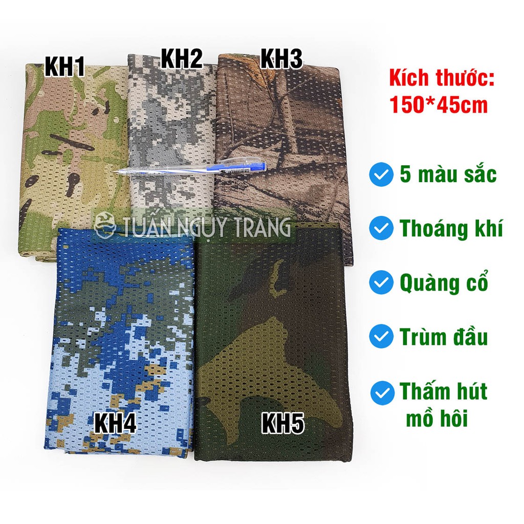 Vải ngụy trang camo quàng cổ thoáng khí chống nắng mùa hè, trùm đầu size 150 x 45cm