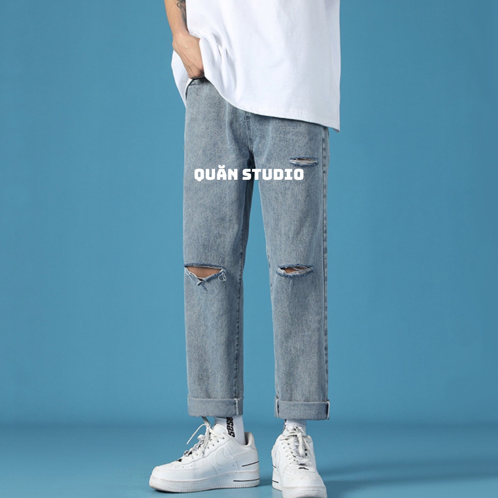 Quần Baggy Nam Rách Gối Quăn Studio - Quần Jean Nam Màu Xanh Vừa Rách Gối 2 Form Chuẩn Hàn Quốc QRG03
