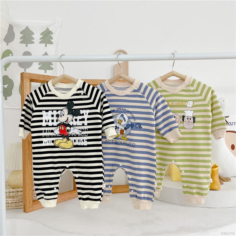 Áo liền quần cổ tròn kẻ sọc in hoạt hình vui nhộn dành cho bé sơ sinh