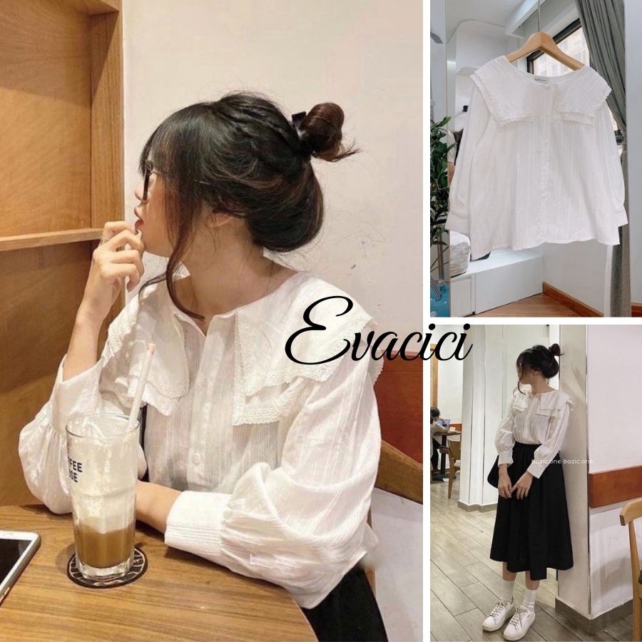 [EVACICI] Áo sơ mi babydoll 2 bèo cổ, Áo sơ mi babydoll dài tay cổ ren