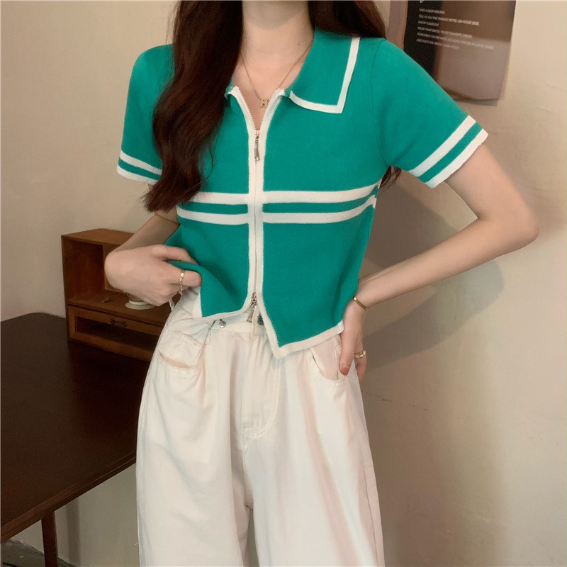 Áo thun ZHELIHANGFEI polo dệt kim ngắn tay phối khóa kéo thời trang