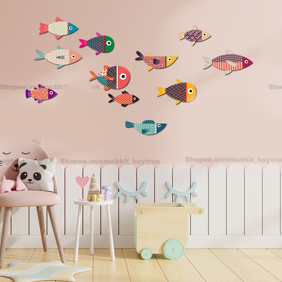 Bộ tranh gỗ 12 bé Cá decor dán tường cao cấp trang trí phòng khách, phòng ngủ, có sẵn băng dính