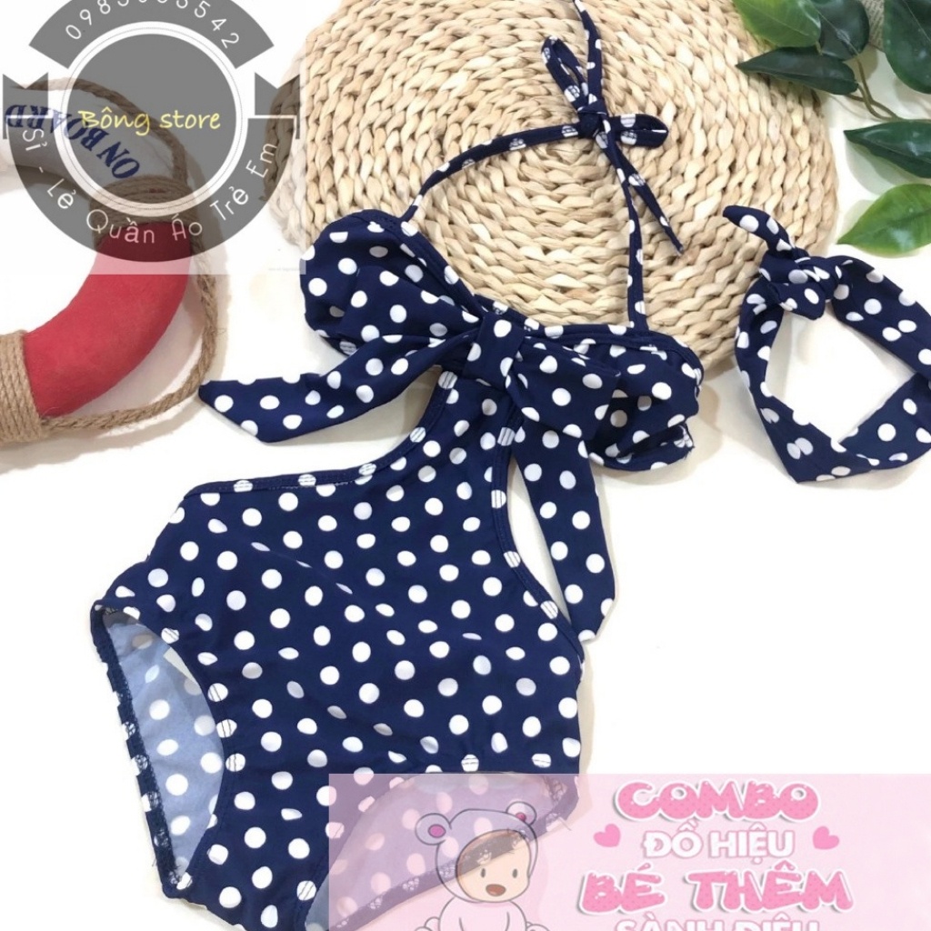 Bộ bơi liền thân khoét eo đính nơ kèm tuban cho bé gái hàng chuẩn thiết kế