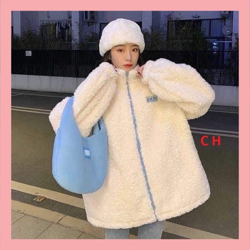 Áo Khoác Lông Thỏ PICHI Ulzzang Dạo Phố Phong Cách Cổ CaoSweater Kéo Khoá Thêu Logo Unisex Hàn QuốcThời trang mùa đông