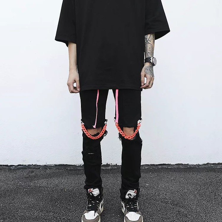 Quần jean dài dáng rộng màu đen phối dây rút phong cách hip hop Âu Mỹ thời trang cho nam và nữ size lớn M-4XL | BigBuy360 - bigbuy360.vn