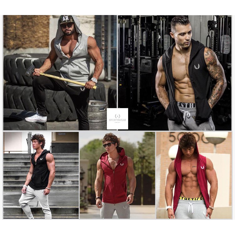 Áo tập gym thể thao cao cấp khoác nón không tay ASRV Sportswear Concept khô thoáng thoải mái đàn hồi thời trang nam tính