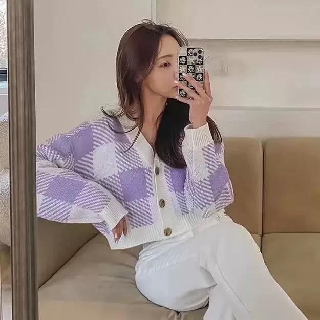 MS834 Áo khoác len kẻ caro viền trắng dáng vừa