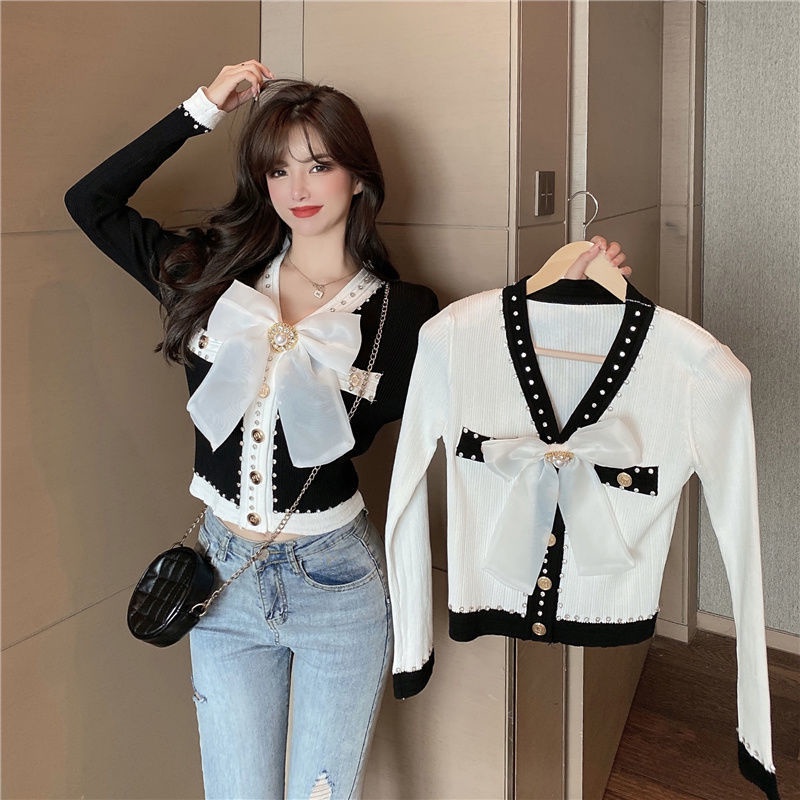 Áo sweater IELGY mỏng tay dài gắn nơ đính kim cương hương thơm nhỏ
