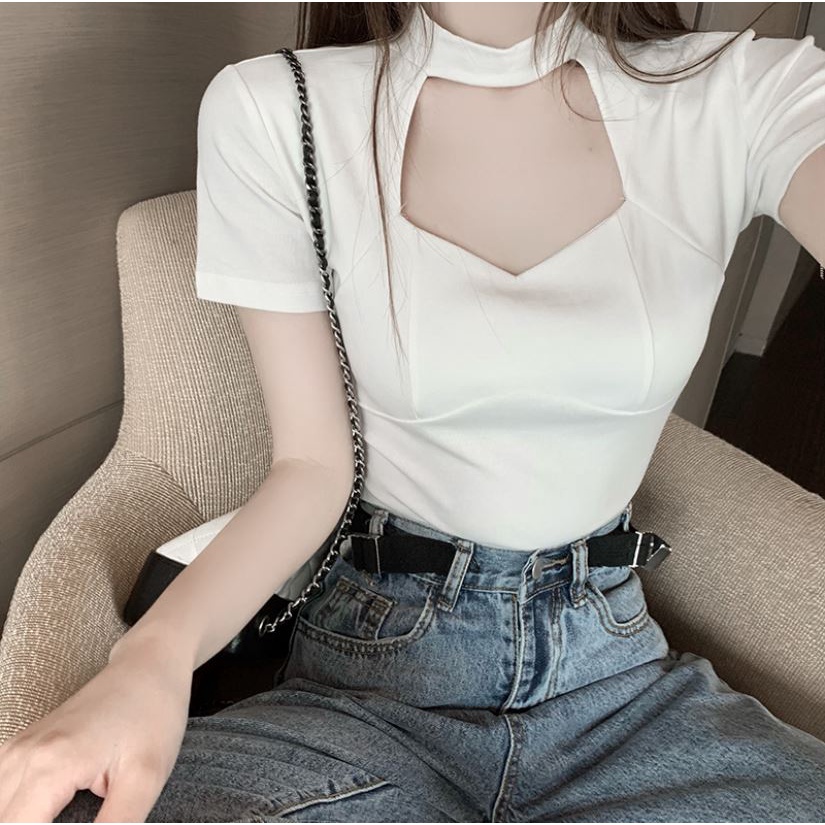 Áo Croptop Nữ Tay Ngắn Cổ Hở Có Đường Viền Kiểu Cách Hàn Quốc Ôm Body Cực Sexy Mẫu Mới 2022