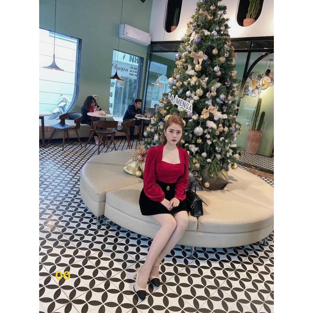 Áo Nhung Cổ Vuông Tay Dài