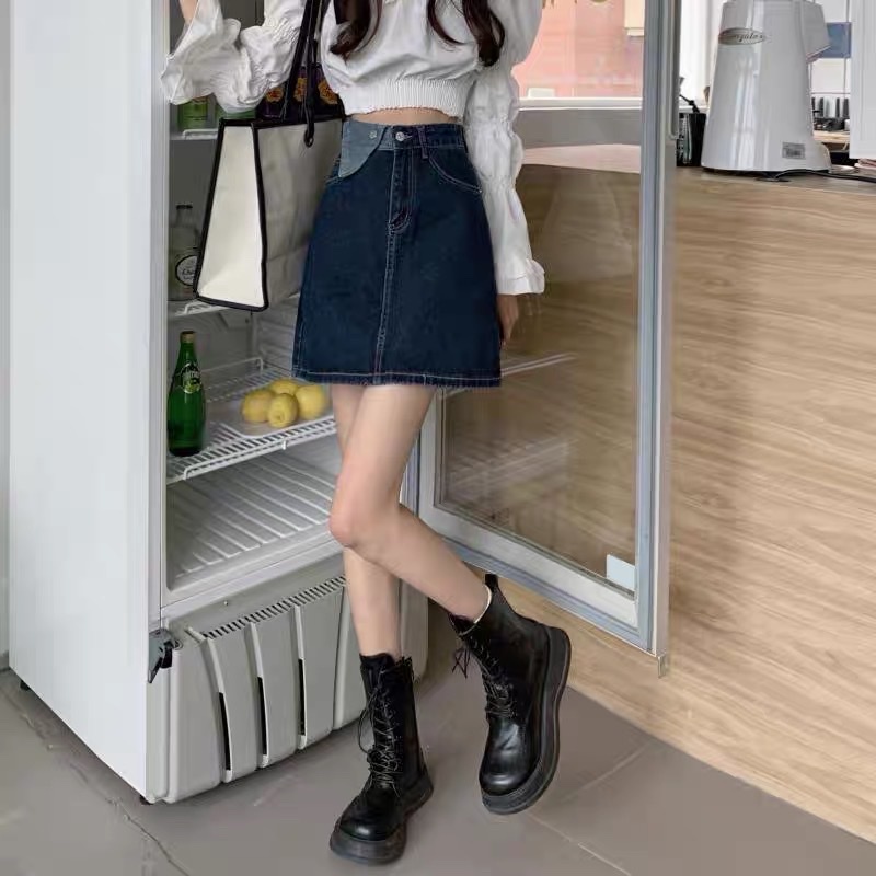 Chân váy cạp cao chữ A, chân váy jeans kaki dáng ngắn_v9