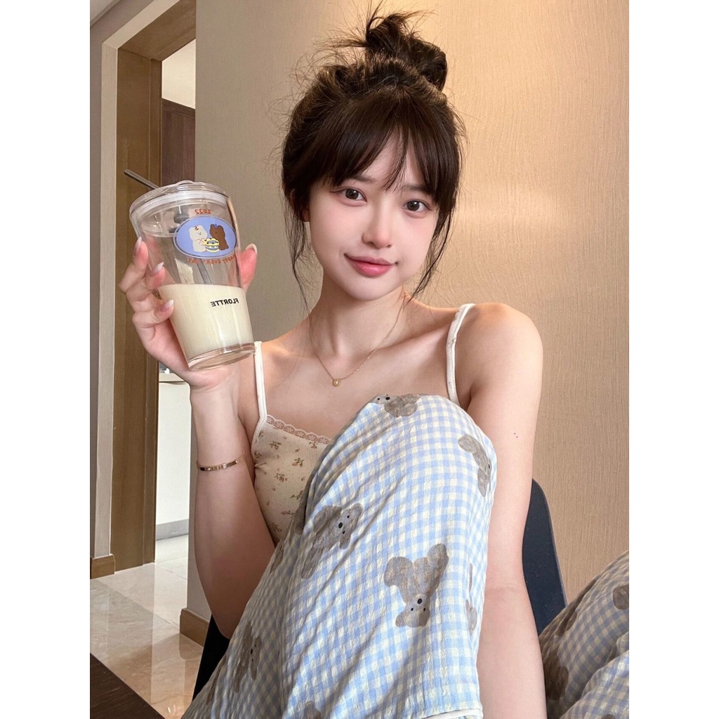 Bộ Đồ Ngủ Áo Hai Dây Phối Quần Dài In Họa Tiết Gấu Và Quần Tươi Mới Thời Trang Mùa Hè Cho Nữ