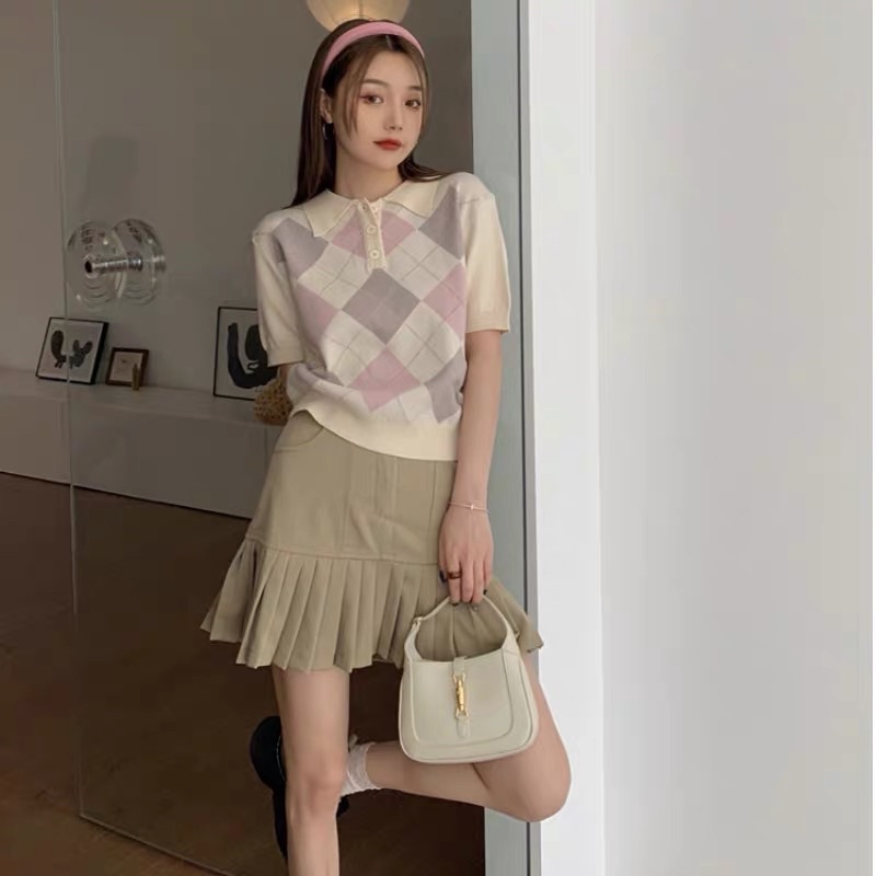 [ SẴN ] Áo polo croptop ô trám ( 2 màu: trắng/ đen ) | BigBuy360 - bigbuy360.vn