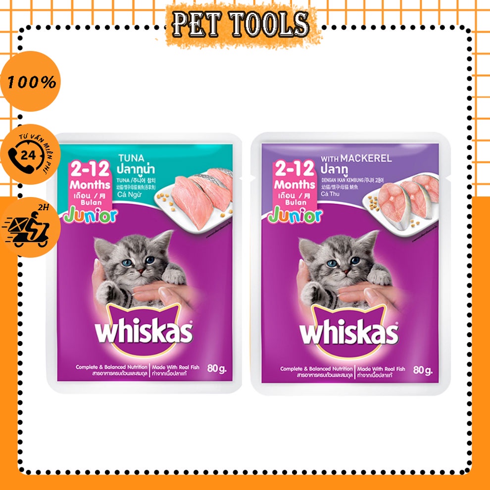 Combo Pate Whiskas Junior cho mèo con vị cá ngừ cá thu 80g