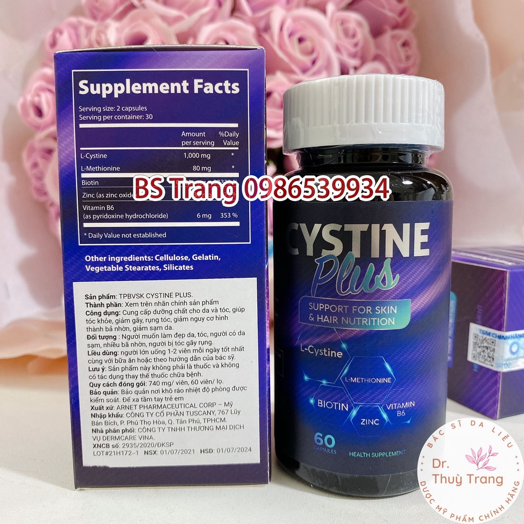 [Hàng Nhập Khẩu] Cystine Plus-Viên uống giảm mụn, ngăn rụng tóc và giảm sắc tố Supplement Fact Cystine Plus - 60 viên