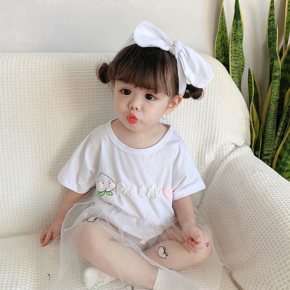 Bộ Áo Liền Quần Tulle Công Chúa Phong Cách Hàn Quốc Kèm Băng Đô Dành Cho Bé Gái Sơ Sinh