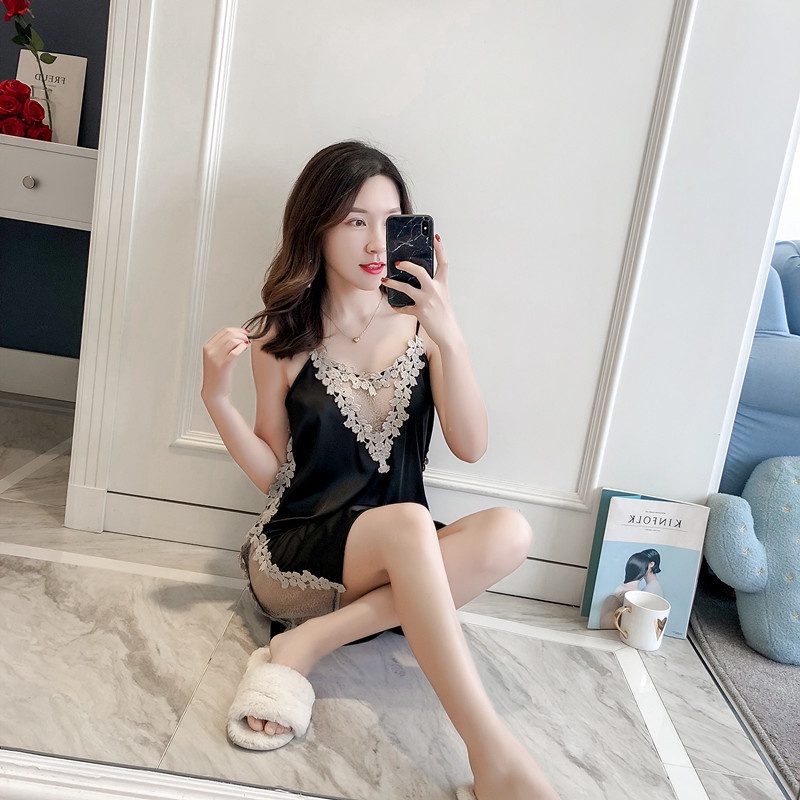 Đầm ngủ sexy 2 dây lụa phối ren ngực họa tiết trái tim dễ thương váy mặc nhà xẻ tà đùi gợi cảm đáng yêu BIKI HOUSE N151