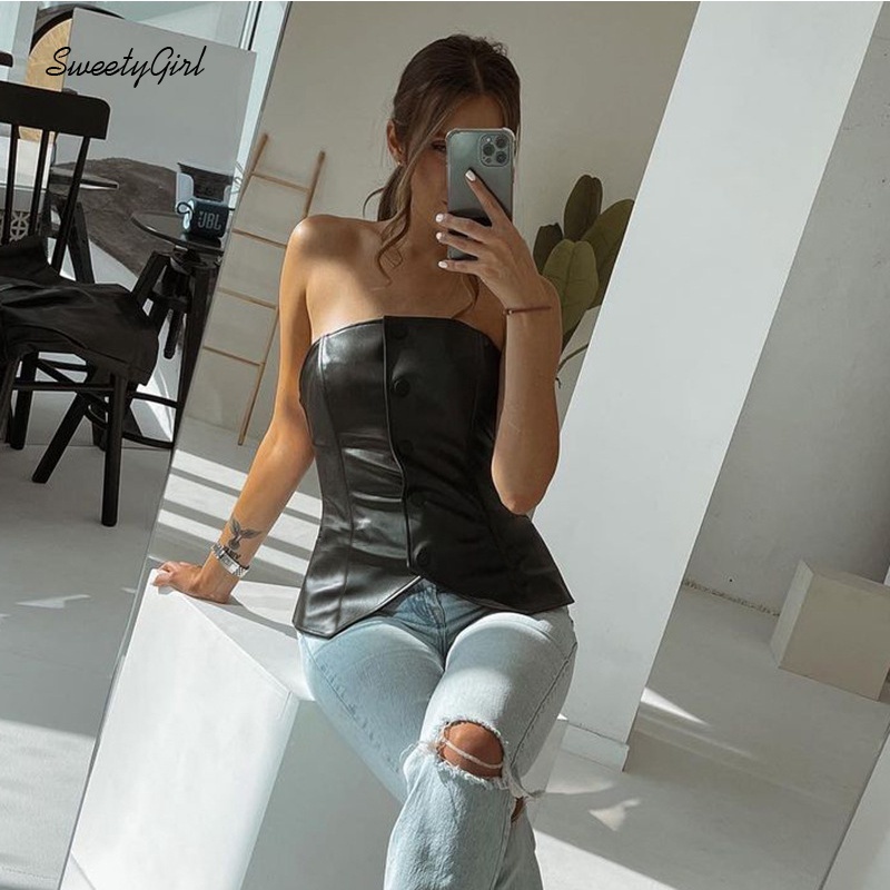 Áo ống màu trơn hở vai phối nút thời trang quyến rũ cho nữ