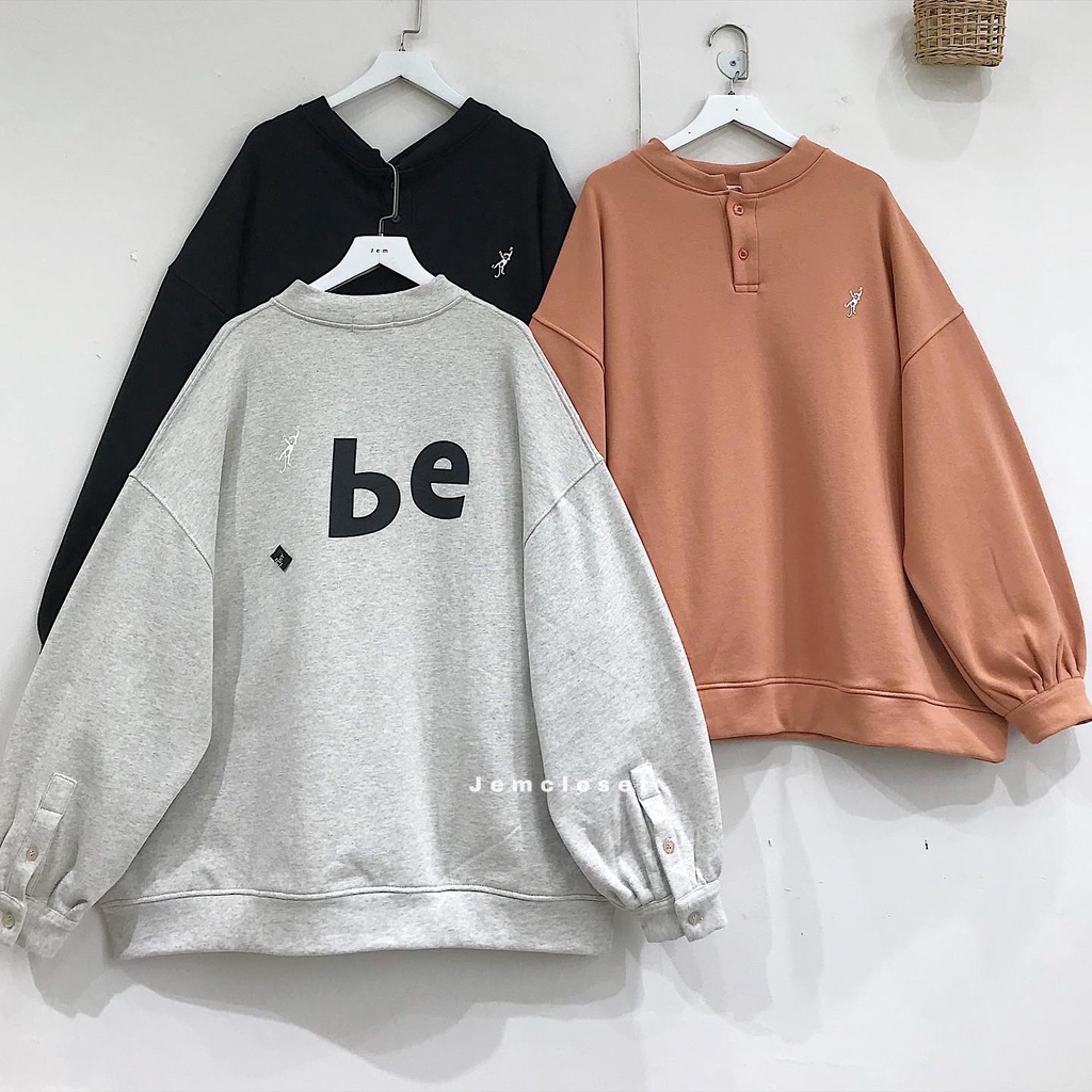Áo Sweater Nữ Tay Phồng Basic Áo Nỉ Nữ Thu Đông Form Rộng Phối Cúc Cổ MONKEY Chất Nỉ Dày Dặn 3 Màu Đen Xám Cam Đất 10031