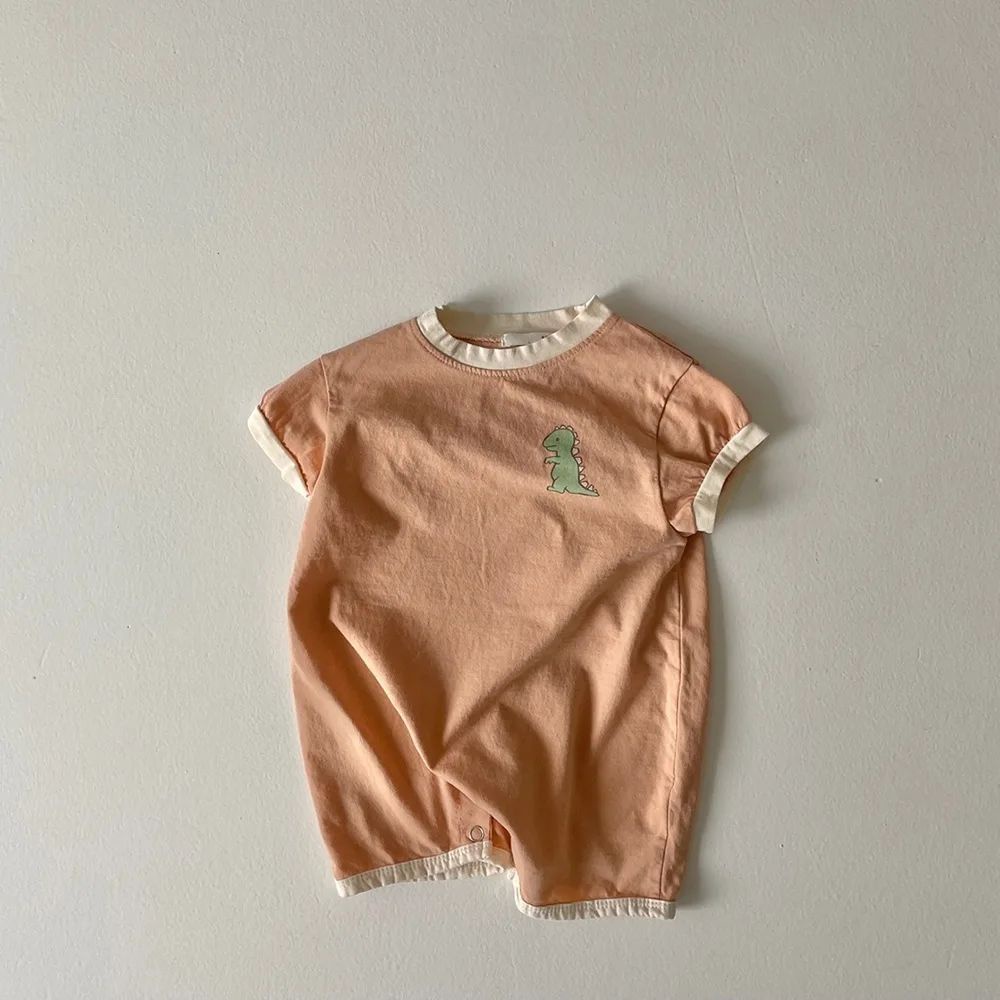 Bộ Áo Liền Quần Tay Ngắn Vải Cotton In Hoạt Hình Khủng Long Dễ Thương Cho Bé Sơ Sinh Từ 0-2 Tuổi