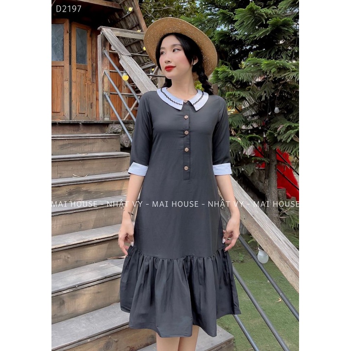 Đầm Váy Bầu MAIHOUSE Dáng Suông Cổ Viền Cài Cúc Gỗ Có Túi Chất LINEN Màu Xanh, Cam, Đen - D2197