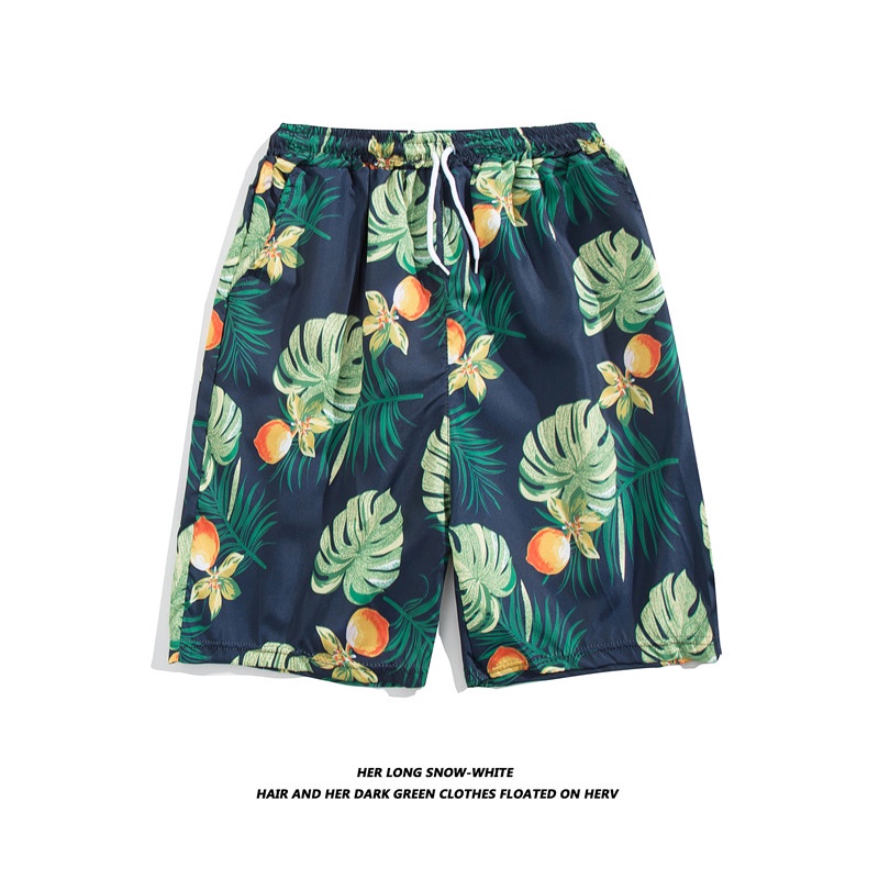 Quần Short Dây Rút Dáng Rộng Thoáng Khí In Họa Tiết Hoa Lá Phong Cách Hawaii Thời Trang Mùa Hè Cho Nam
