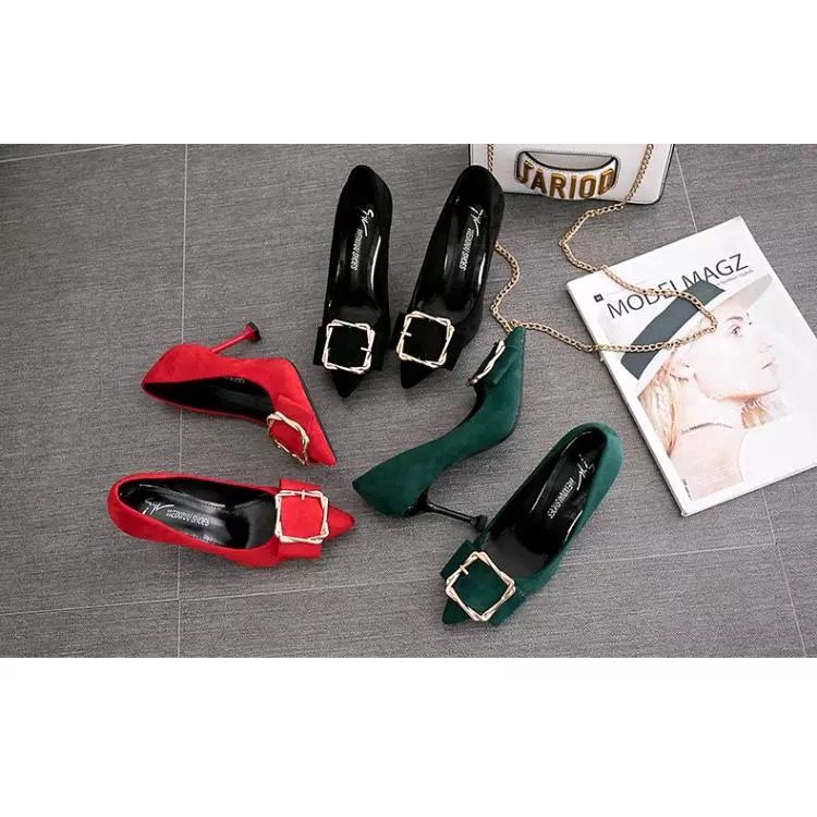 Giày Cao Gót Da Lộn Mũi Vuông Màu Đen Phong Cách Hàn Quốc Thời Trang Cho Nữ