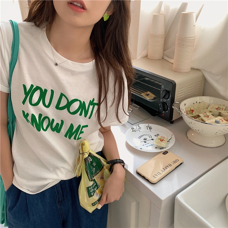 Áo Thun cotton Tay Ngắn Cổ Tròn In Chữ Phong Cách Hàn Quốc Thời Trang Cho Nữ