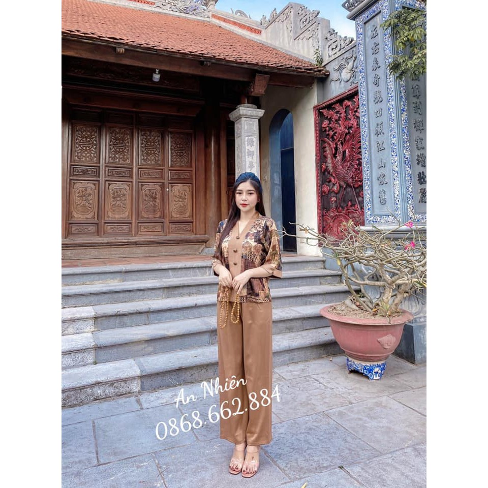 Set Bộ Lụa Vân Gỗ Cao Cấp Nâu Vân Gỗ