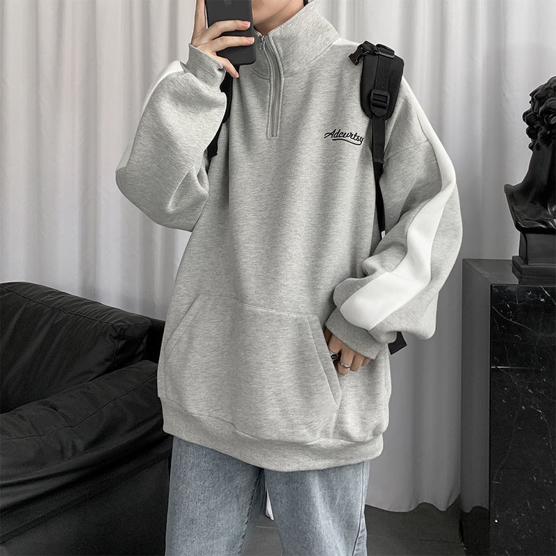 Áo Khoác Sweater Phối Nhung Dày Cổ Phối Khóa Kéo Cá Tính Cho Nam