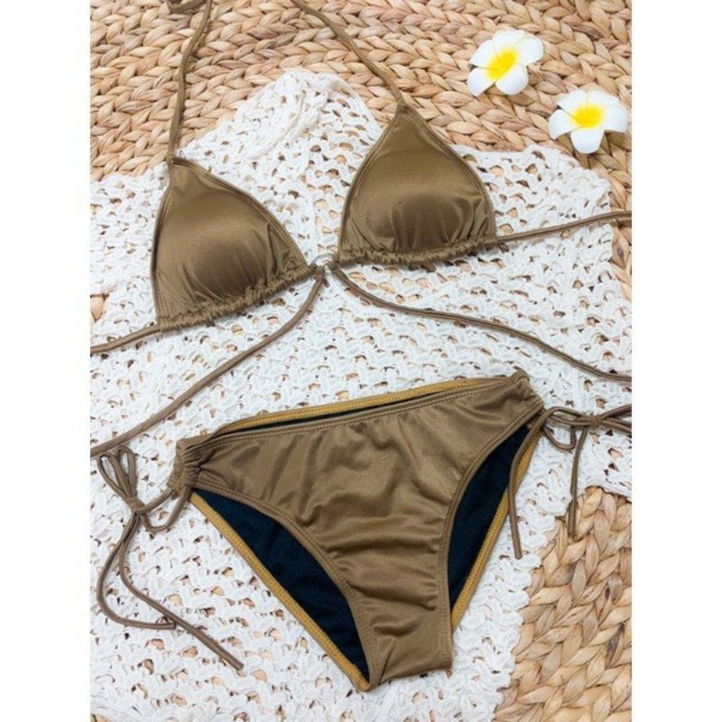 [ Sẵn Hàng] Bikini  2 mảnh đồ bơi nữ kiểu dáng basic phối khoen màu nâu tây