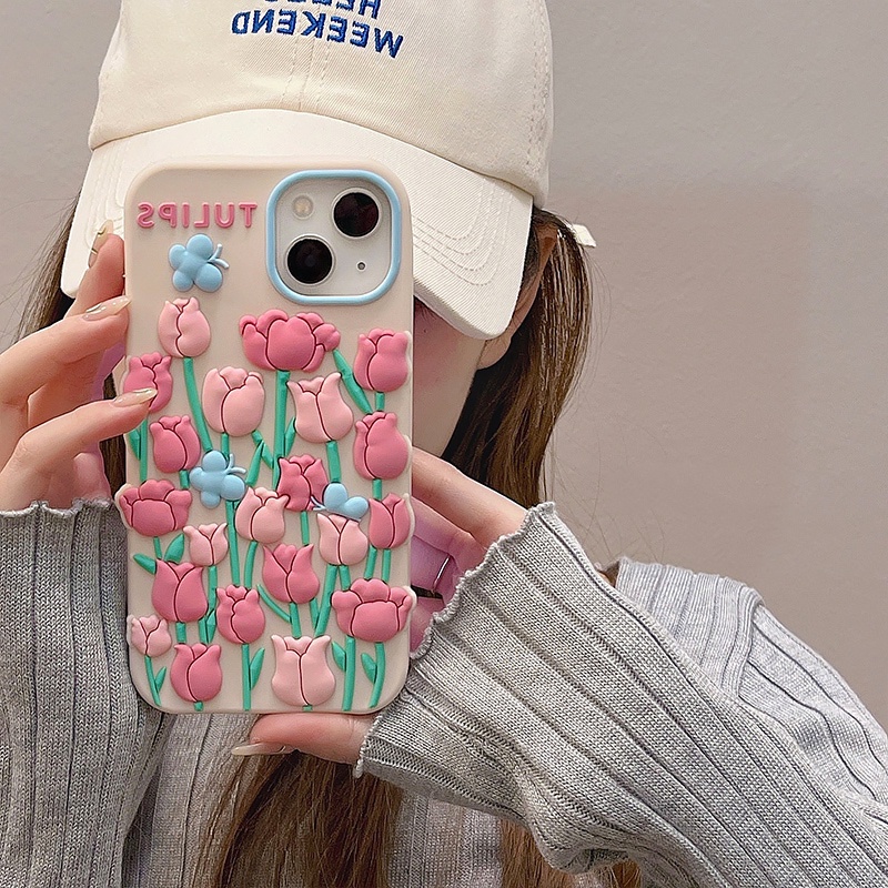 Ốp Điện Thoại Silicon Mềm Chống Sốc Hình Hoa Tulip 3D Cho iPhone 14 13 12 11 Pro Max XS XR X 8 7 6 6S Plus + SE 2020