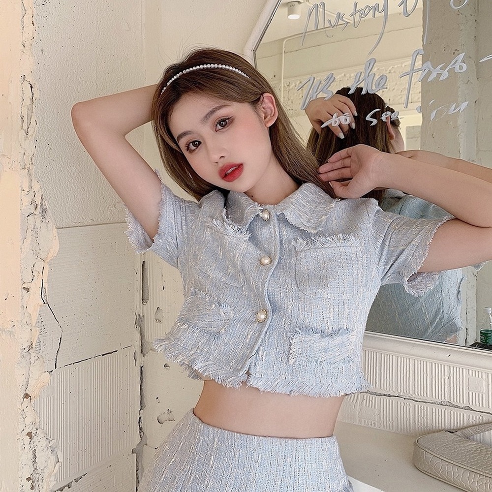 xia Áo cardigan ngắn tua rua / Chân váy lưng cao kiểu dáng thời trang cho nữ