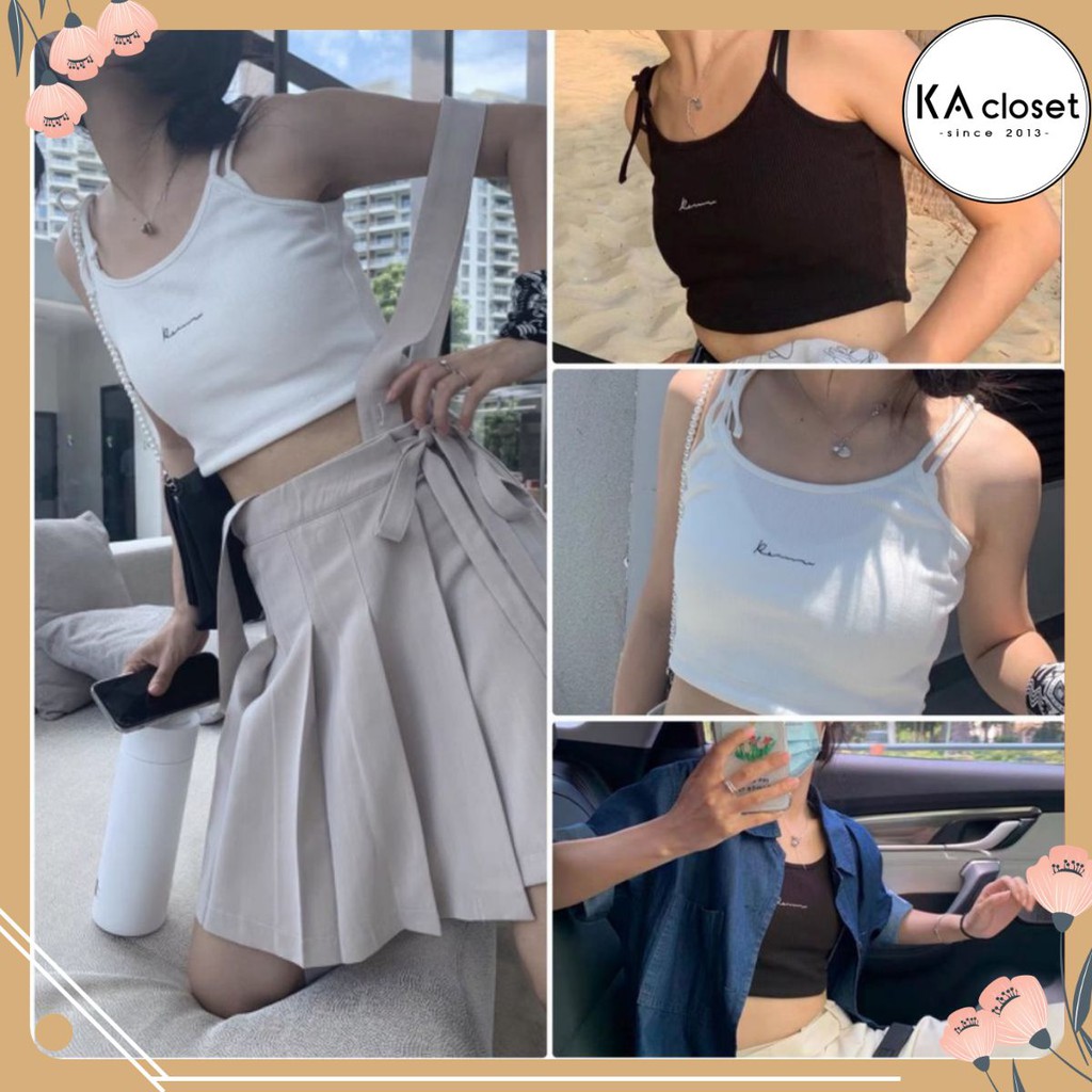 🆕 Áo croptop dây chữ KA Closet chất thun gân co dãn tốt, 2 màu Đen, Trắng, dây buộc 1 bên, phong cách Hàn Quốc