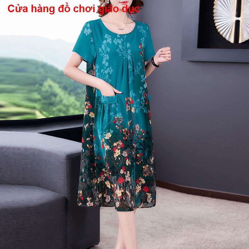 XINH XINH thời trang nữ  fei> fat Mẹ mùa hè đầm ngắn tay nữ thời trang voan kích thước lớn trên váy đầu gối RẺ QUÁ