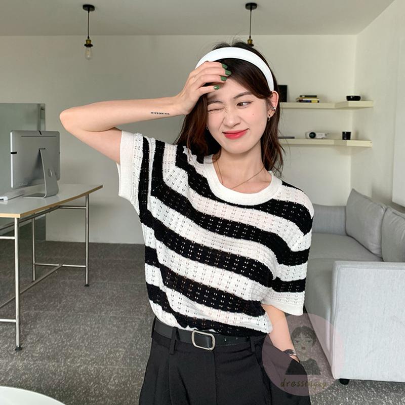 Áo Thun Tay Ngắn Họa Tiết Sọc Thời Trang Sành Điệu Cho Nữ