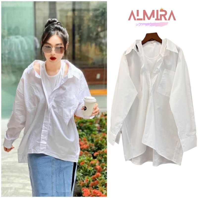 Áo Sơ Mi Cổ Vuông Phối Len Tăm Bèo Trắng Tay Phồng Phong Cách Hàn Quốc