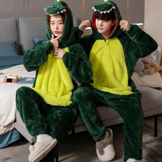 Bộ Đồ Thú Khủng Long Xanh Lá, Cá Sấu, Pijama Bông Liền Thân Cho Người Lớn