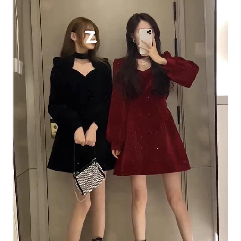 Đầm tiểu thư nhung trơn,váy dạ hội màu đen đỏ khoét ngực chất nhung trơn có khoá